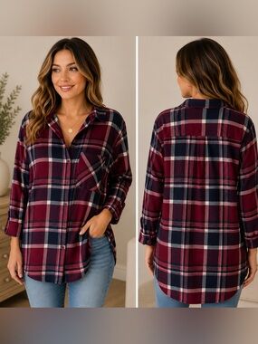Eden & Olivia Maternity Burgundy Plaid Button-Up Shirt | 1X